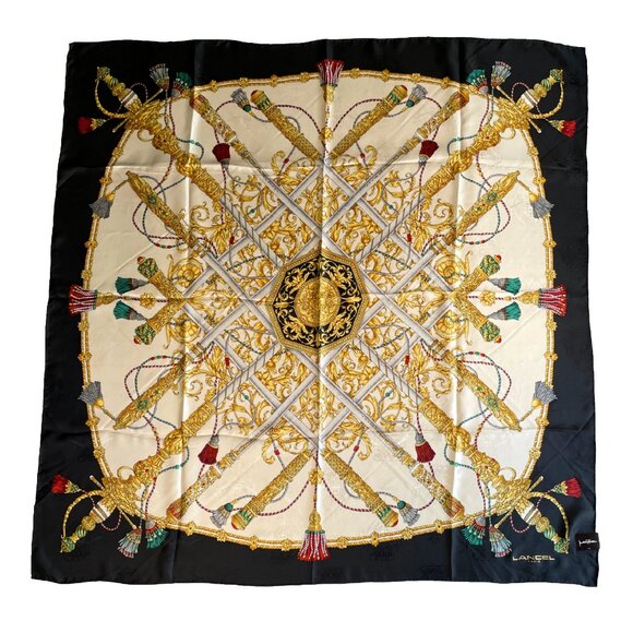 NWT Lancel Silk Scarf – Regal Sword & Tassel Motif – 40" Square - Picture 1 of 16